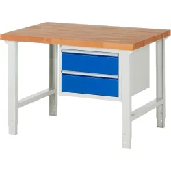 RAU Werkbank Serie 7000, 1 Container, HxBxT 790-1.140 x 1.250 x 900 mm, 2 x 90%-Auszug-Schubladen 2 x 180 mm