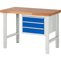 RAU Werkbank Serie 7000, 1 Container, HxBxT 790-1.140 x 1.250 x 700 mm, 3 x 100%-Auszug-Schubladen 3 x 120 mm