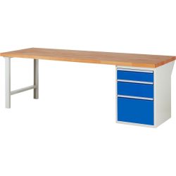 RAU Werkbank Serie 7000, 1 Container, HxBxT 890 x 2.500 x 900 mm, 3 x 90%-Auszug-Schubladen 1 x 150, 1 x 210, 1 x 360 mm, Schubladen-TK 100 kg