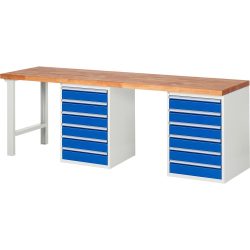 RAU Werkbank Serie 7000, 2 Container, HxBxT 840 x 2.500 x 700 mm, 12 x 90%-Auszug-Schubladen 12 x 120 mm