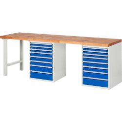 RAU Werkbank Serie 7000, 2 Container, HxBxT 890 x 2.500 x 700 mm, 16 x 100%-Auszug-Schubladen