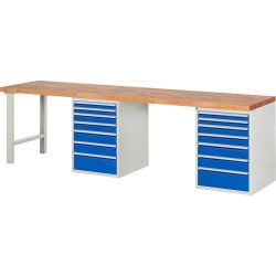 RAU Werkbank Serie 7000, 2 Container, HxBxT 890 x 3.000 x 700 mm, 14 x 100%-Auszug-Schubladen