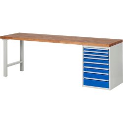 RAU Werkbank Serie 7000, 1 Container, HxBxT 890 x 2.500 x 700 mm, 8 x 100%-Auszug-Schubladen, Schubladen-TK 100 kg