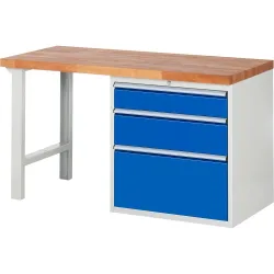 RAU Werkbank Serie 7000, 1 Container, HxBxT 840 x 1.500 x 700 mm, 3 x 90%-Auszug-Schubladen 1 x 150, 1 x 210, 1 x 360 mm, Schubladen-TK 100 kg