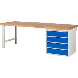 RAU Werkbank Serie 7000, 1 Container, HxBxT 840 x 2.500 x 900 mm, 4 x 90%-Auszug-Schubladen 4 x 180 mm, Schubladen-TK 100 kg