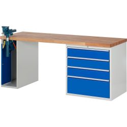 RAU Werkbank Serie 7000, 2 Container, SchraubstockHxBxT 890 x 2.000 x 700 mm, 4 x 100%-Auszug-Schubladen, Schubladen-TK 75 kg