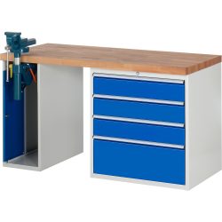 RAU Werkbank Serie 7000, 2 Container, SchraubstockHxBxT 890 x 1.500 x 700 mm, 4 x 90%-Auszug-Schubladen, Schubladen-TK 75 kg