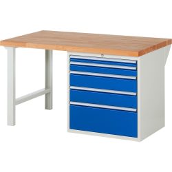 RAU Werkbank Serie 7000, 1 Container, HxBxT 840 x 1.500 x 900 mm, 5 x 90%-Auszug-Schubladen 1 x 60, 1 x 90, 2 x 150, 1 x 270 mm, Schubladen-TK 100 kg