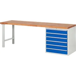 RAU Werkbank Serie 7000, 1 Container, HxBxT 840 x 2.500 x 700 mm, 6 x 90%-Auszug-Schubladen 6 x 120 mm, Schubladen-TK 100 kg