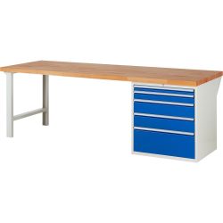 RAU Werkbank Serie 7000, 1 Container, HxBxT 840 x 2.500 x 900 mm, 5 x 90%-Auszug-Schubladen 1 x 60, 1 x 90, 2 x 150, 1 x 270 mm, Schubladen-TK 100 kg