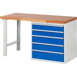 RAU Werkbank Serie 7000, 1 Container, HxBxT 890 x 1.500 x 700 mm, 5 x 100%-Auszug-Schubladen 2 x 120, 2 x 150, 1 x 180 mm, Schubladen-TK 75 kg