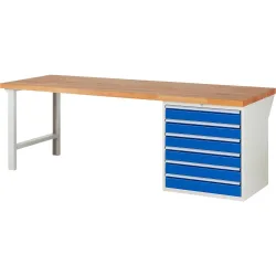 RAU Werkbank Serie 7000, 1 Container, HxBxT 890 x 2.500 x 900 mm, 6 x 90%-Auszug-Schubladen 6 x 120 mm, Schubladen-TK 75 kg