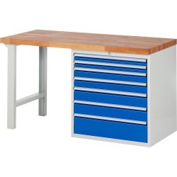 RAU Werkbank Serie 7000, 1 Container, HxBxT 840 x 1.500 x 700 mm, 7 x 100%-Auszug-Schubladen, Schubladen-TK 100 kg