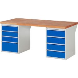 RAU Werkbank Serie 7000, 2 Container, HxBxT 890 x 2.000 x 900 mm, 8 x 90%-Auszug-Schubladen 3 x 150, 4 x 180, 1 x 270 mm