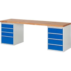 RAU Werkbank Serie 7000, 2 Container, HxBxT 840 x 2.500 x 700 mm, 8 x 90%-Auszug-Schubladen 3 x 150 mm, 4 x 180 mm, 1 x 270 mm, Schubladen-TK 100 kg
