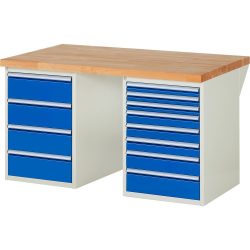 RAU Werkbank Serie 7000, 2 Container, HxBxT 890 x 1.500 x 900 mm, 12 x 90%-Auszug-Schubladen 3 x 60 mm, 3 x 90 mm, 1 x 120 mm, 1 x 150 mm, 4 x 180 mm