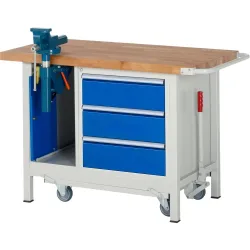 RAU Werkbank Serie 8000 mit absenkbarem Fahrgestell, 2 Container, HxBxT 880 x 1.250 x 700 mm, 3 x 100%-Auszug-Schubladen