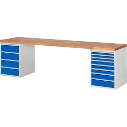RAU Werkbank Serie 7000, 2 Container, HxBxT 840 x 3.000 x 700 mm, 12 x 90%-Auszug-Schubladen 3 x 60 mm, 3 x 90 mm, 1 x 120 mm, 1 x 150 mm, 4 x 180 mm