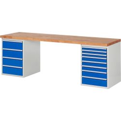 RAU Werkbank Serie 7000, 2 Container, HxBxT 840 x 2.500 x 700 mm, 12 x 100%-Auszug-Schubladen 3 x 60 mm, 3 x 90 mm, 1 x 120 mm, 1 x 150 mm, 4 x 180 mm