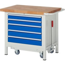RAU Werkbank Serie 8000 mit absenkbarem Fahrgestell, 1 Container, HxBxT 880 x 1.000 x 700 mm, 5 x 90%-Auszug-Schubladen, Breite 680 mm