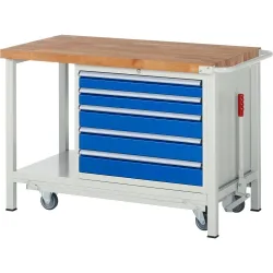 RAU Werkbank Serie 8000 mit absenkbarem Fahrgestell, 1 Container, 1 Ablageboden, HxBxT 880 x 1.250 x 700 mm, 5 x 90%-Auszug-Schubladen, Breite 680 mm
