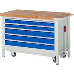 RAU Werkbank Serie 8000 mit absenkbarem Fahrgestell, 1 Container, HxBxT 880 x 1.250 x 700 mm, 5 x 100%-Auszug-Schubladen, Breite 1.055 mm
