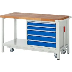 RAU Werkbank Serie 8000 mit absenkbarem Fahrgestell, 1 Container, 1 Ablageboden, HxBxT 880 x 1.500 x 700 mm, 5 x 100%-Auszug-Schubladen, Breite 680 mm