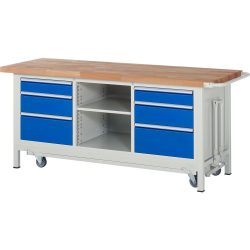 RAU Werkbank Serie 8000 mit absenkbarem Fahrgestell, 1 Dreifach-Container, HxBxT 880 x 2.000 x 700 mm, 6 x 90%-Auszug-Schubladen 2 x 120 mm, 2 x 150 mm, 2 x 270 mm, 1 Fachboden