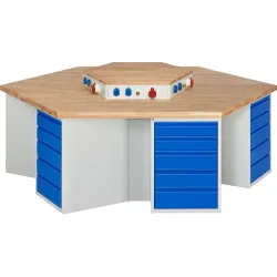 RAU Gruppenwerkbank Serie 4000, Energieaufsatz, 6 Container, HxBxT 840 x 2.700 x 2.340 mm, 30 x 90%-Auszug-Schubladen 12 x 120 mm, 12 x 150 mm, 6 x 180 mm