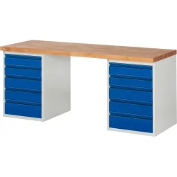 RAU Werkbank Serie 7000, 2 Container, HxBxT 890 x 1.500 x 700 mm, 10 x 90%-Auszug-Schubladen 4 x 120, 4 x 150, 2 x 180 mm, integrierte Griffleiste