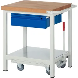 RAU Werkbank Serie 8000 mit absenkbarem Fahrgestell, HxBxT 880 x 750 x 700 mm, Ablageboden, 1 Schublade, integrierte Griffleiste