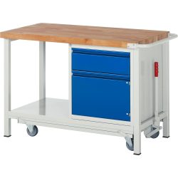 RAU Werkbank Serie 8000 mit absenkbarem Fahrgestell, 1 Container, 1 Ablageboden, HxBxT 880 x 1.250 x 700 mm, 1 x 90%-Auszug-Schubladen, 1 Flügeltür, Griffleiste