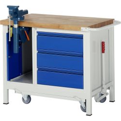 RAU Werkbank Serie 8000 mit absenkbarem Fahrgestell, 2 Container, HxBxT 880 x 1.000 x 700 mm, 3 x 90%-Auszug-Schubladen, Griffleiste