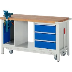 RAU Werkbank Serie 8000 mit absenkbarem Fahrgestell, 2 Container, 1 Ablageboden, HxBxT 880 x 1.500 x 700 mm, 3 x 90%-Auszug-Schubladen, ErgoScript®