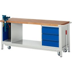 RAU Werkbank Serie 8000 mit absenkbarem Fahrgestell, 2 Container, 1 Ablageboden, HxBxT 880 x 2.000 x 700 mm, 3 x 90%-Auszug-Schubladen, integrierte Griffleiste
