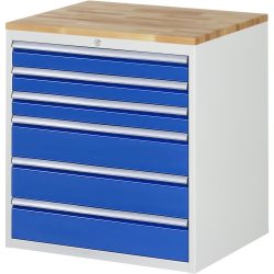 RAU Schubladenschrank Serie 7000, HxBxT 825 x 770 x 650 mm, 6 x 100%-Auszug-Schubladen 3 x 90, 3 x 150 mm, Arbeitsplatte Buche