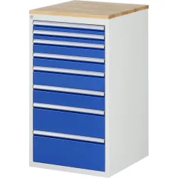 RAU Schubladenschrank Serie 7000, HxBxT 1.035 x 580 x 650 mm, 8 x 90%-Auszug-Schubladen 2 x 60, 2 x 90, 2 x 120, 1 x 180, 1 x 210 mm, Arbeitsplatte Buche