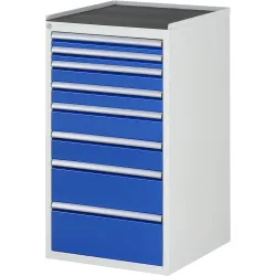 RAU Schubladenschrank Serie 7000, HxBxT 1.035 x 580 x 650 mm, 8 x 100%-Auszug-Schubladen 2 x 60, 2 x 90, 2 x 120, 1 x 180, 1 x 210 mm, Arbeitsplatte Metall