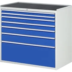 RAU Schubladenschrank Serie 7000, HxBxT 1.035 x 1.145 x 650 mm, 7 x 90%-Auszug-Schubladen 2 x 60, 2 x 90, 1 x 120, 1 x 150, 1 x 360 mm, Arbeitsplatte Metall