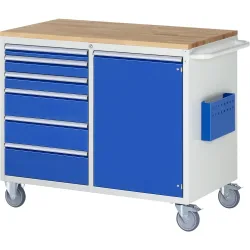 RAU Werkstattwagen Serie 7000, HxBxT 975 x 1.145 x 650 mm, 1 Flügeltür, 6 x 90%-Auszug-Schubladen 1 x 60, 2 x 90, 2 x 150, 1 x 180 mm, Arbeitsplatte Buche