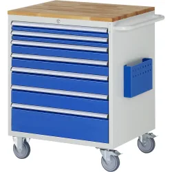 RAU Werkstattwagen Serie 7000, HxBxT 975 x 770 x 650 mm, 7 x 100%-Auszug-Schubladen 2 x 60, 2 x 90, 2 x 120, 1 x 180 mm, Arbeitsplatte Buche
