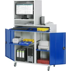 RAU Computer-Schrank, Monitorgehäuse, Tastaturauszug, Doppel-Flügeltür, Monitorfach Tiefe 500, 2 x Auszugstablar, mobil