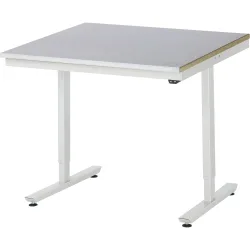 Rau Arbeitstisch Adlatus, elektrisch höhenverstellbar, 25 mm MDF-Platte, Edelstahlbelag, bis 150 kg, B 1000 x T 1000 x H 720-1120 mm, silber/lichtgrau