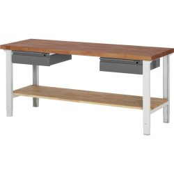 RAU Werkbank Serie 7000, Rotbuche-Massiv-Arbeitsplatte, 2 Schubladen, 1 Buche-Massiv-Ablageboden, HxBxT 790-1.140 x 2.000 x 700 mm, 2 Schubladen