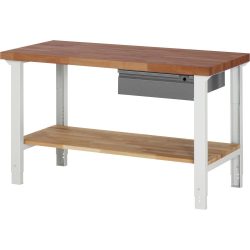 RAU Werkbank Serie 7000, Rotbuche-Massiv-Arbeitsplatte, 1 Schublade, 1 Buche-Massiv-Ablageboden, HxBxT 790-1.140 x 1.500 x 700 mm, 1 Schublade