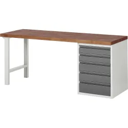 RAU Werkbank Serie 7000, Rotbuche-Massiv-Arbeitsplatte, 1 Container, HxBxT 890 x 2.000 x 700 mm, 5 Schubladen 2 x 120 mm, 2 x 150 mm, 1 x 180 mm