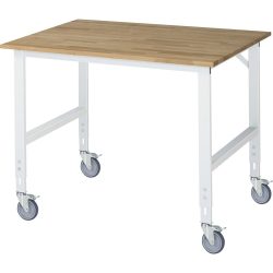 Fahrbarer Arbeitstisch, Gestell 60 x 30 mm, Platten-BxT 1250 x 1000 mm, Buche-Massivholzplatte RAU