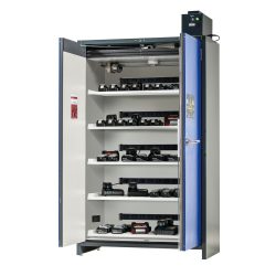 asecos® Sicherheitsschrank Typ 90 für Lithium-Ionen-Batterien ION-PRO-CHARGE, HxBxT 2224x1193x615 mm, 5x gelochte Fachböden, 5x Steckdosenleiste (CH-Ausführung), 1x Bodenauffangwanne