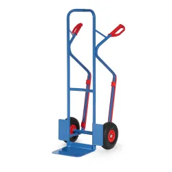 fetra® Stapelkarre, Tragkraft 300 kg, Schaufel BxT 320 x 250 mm, mit Gleitkufen, PU-Bereifung, brillantblau