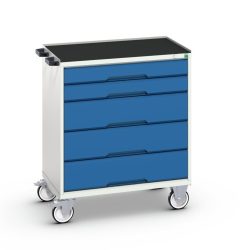 Mobiler Schubladenschrank Bott verso, 5 Schübe, bis 50 kg je Schub, Vollauszug, B 800 x T 550 x H 965 mm, Stahlblech, Grau-Blau